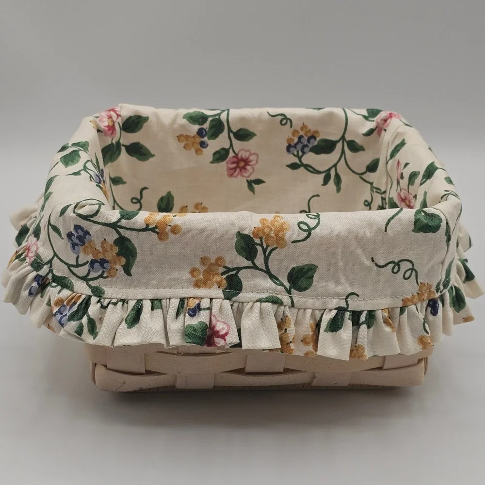 Longaberger Handmade Basket Small Square Light Wood Floral Cotton Liner Vtg 2004